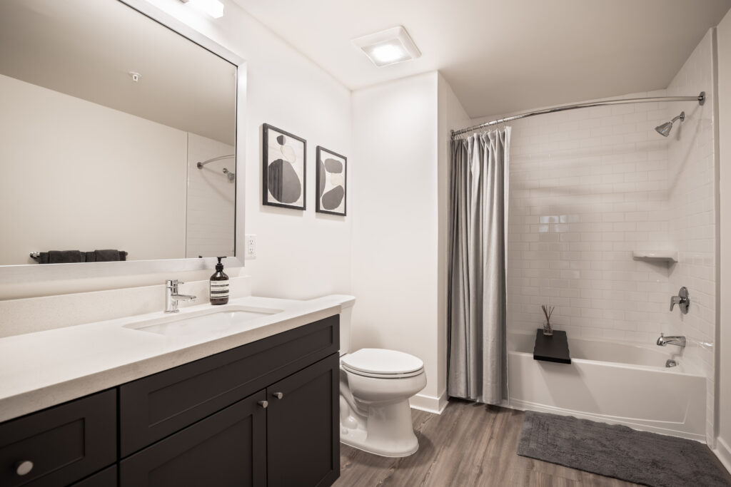 Bathroom with wood style follor in a light grey brown color. Standing shower with shower curtain. White toilet, white counterops at vanity with dark almost black cabinets and a large mirror above.